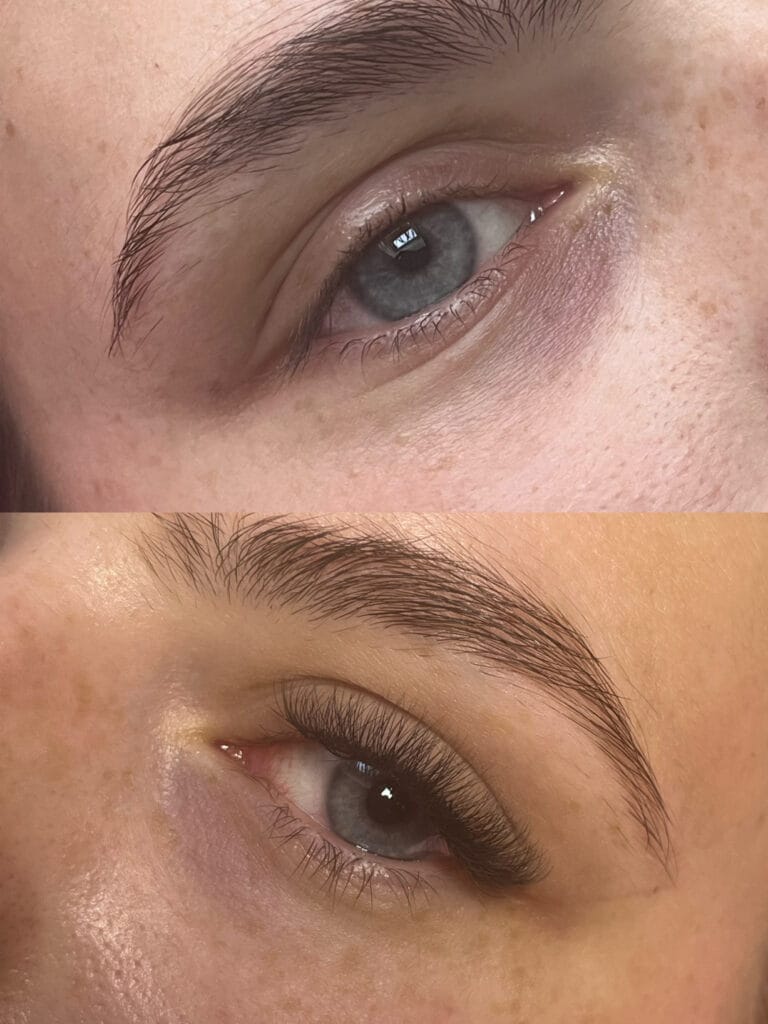 Przedłużanie rzęs metodą 1:1 – przed i po zabiegu w salonie Metamorfoza Kasia Grabowska, Maków Mazowiecki