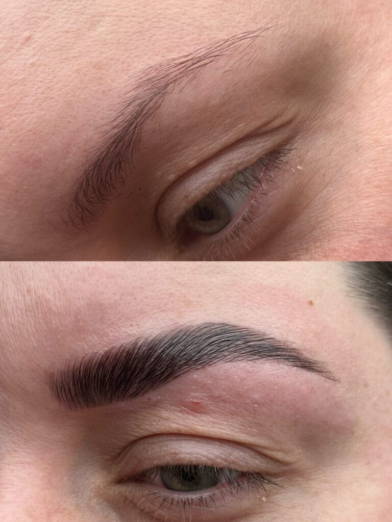 Efekt stylizacji brwi przed i po zabiegu laminacji brwi w salonie Metamorfoza Kasia Grabowska, Maków Mazowiecki