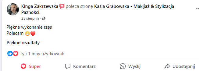 Klientka zachwycona stylizacją rzęs w Metamorfoza Kasia Grabowska