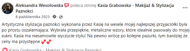 Klientka poleca stylizację paznokci w salonie Kasia Grabowska