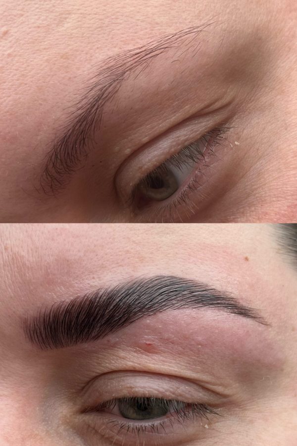 Efekt stylizacji brwi przed i po zabiegu laminacji brwi w salonie Metamorfoza Kasia Grabowska, Maków Mazowiecki
